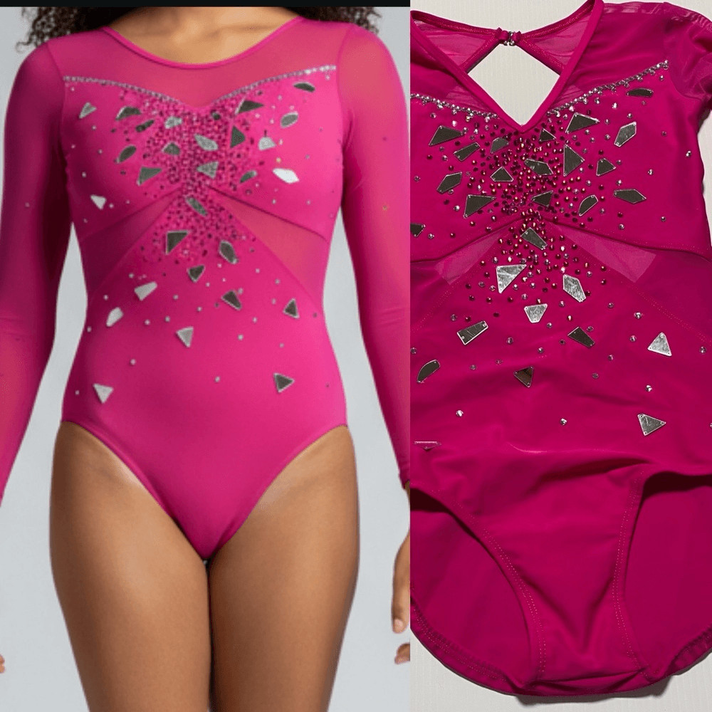 Custom made solo dance costume hot pink rhinestone long sleeve leotard XSA adult