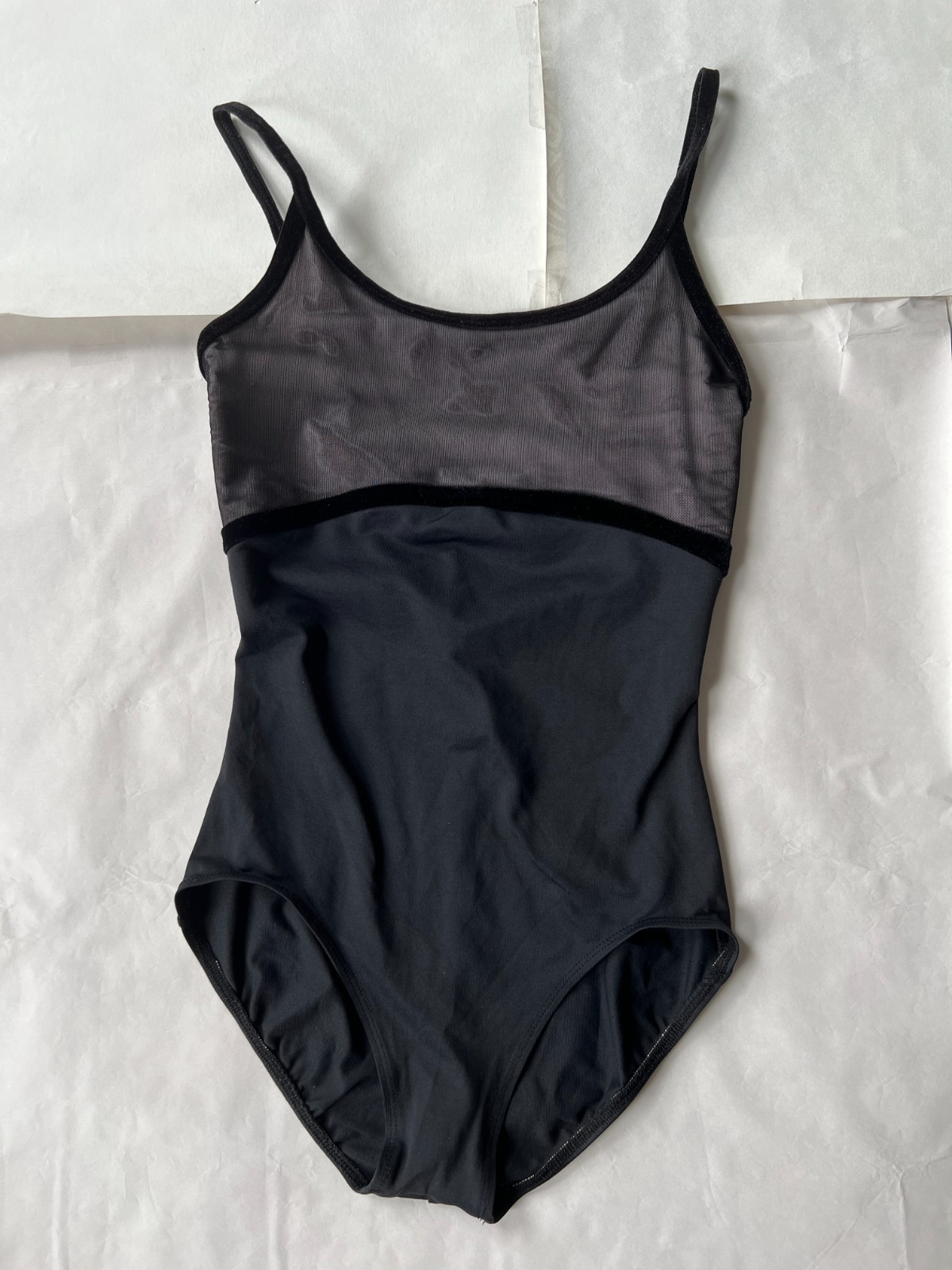Ainsliewear Black and purple leotard with mesh overlay and velvet trims, size L