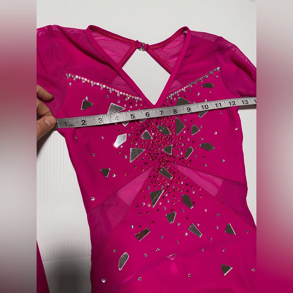 Custom made solo dance costume hot pink rhinestone long sleeve leotard XSA adult