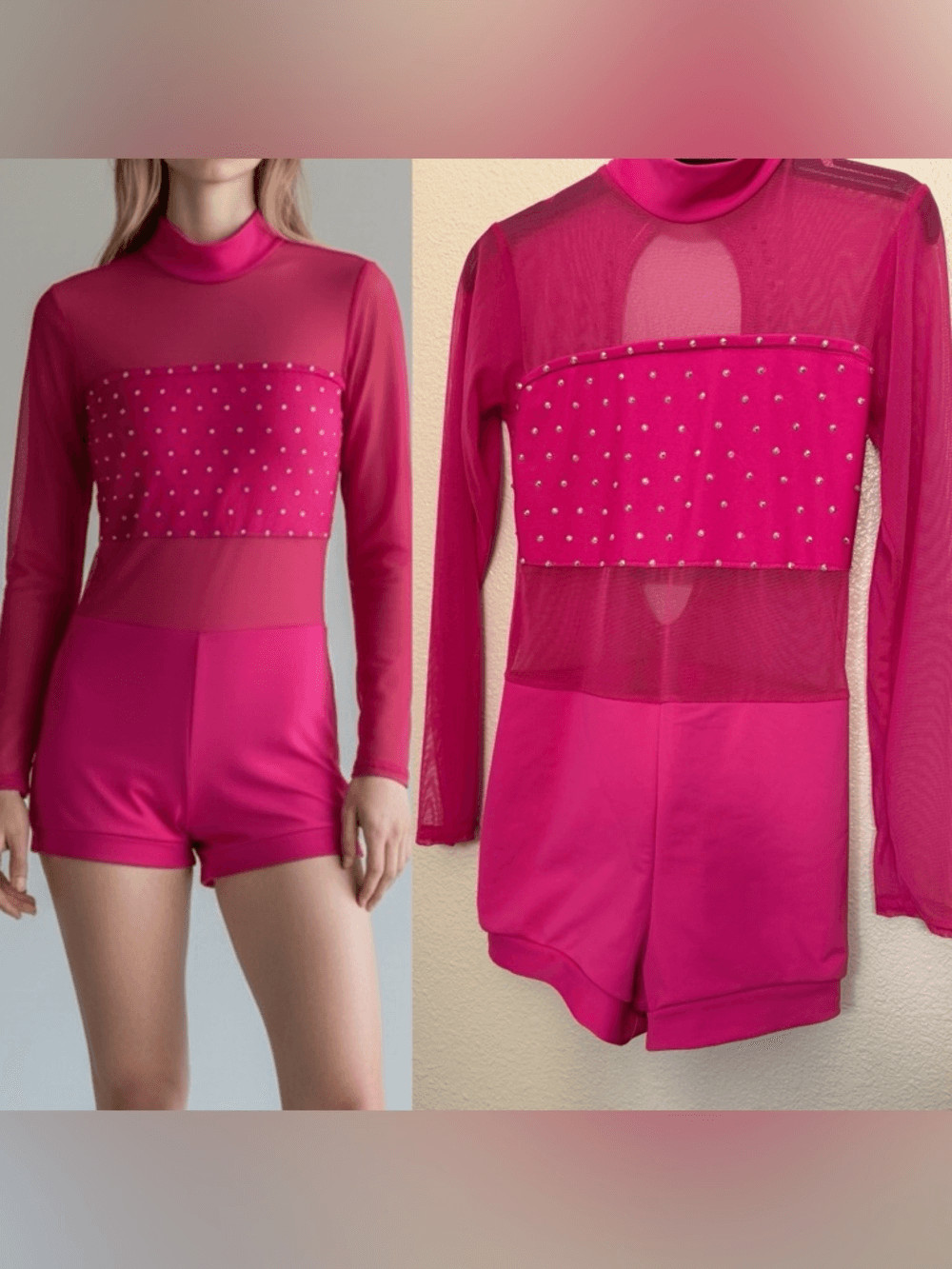 Custom dance costume solo hot pink mesh leotard biketard SA-Small adult