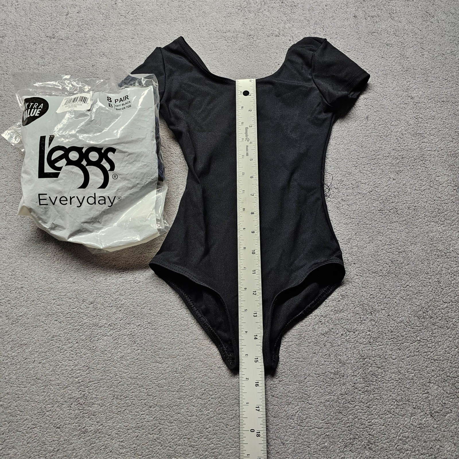 Black Short Sleeve Leotard and 4 L’eggs Everyday Off Black Sheer Toe Tights Set