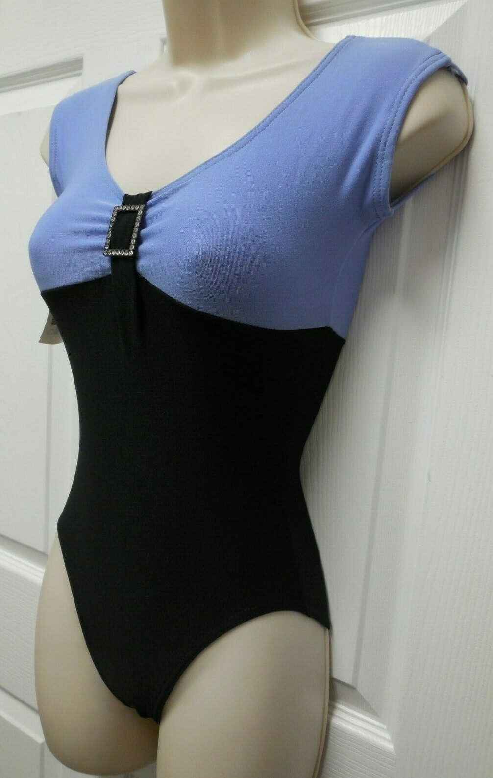 Cap Sleeve Periwinkle Black Leotard 2 Tone Rhinestone Slide over 10 available