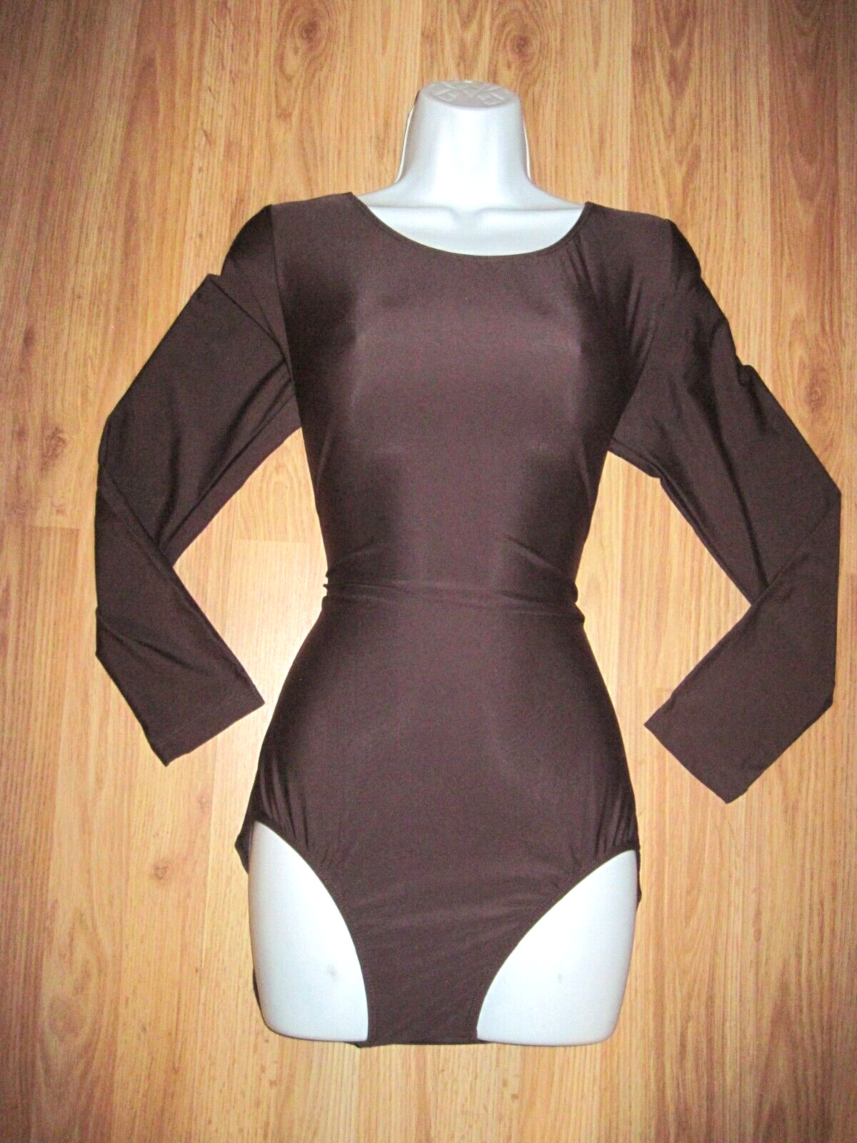 Plus Size Shiny Coffee Brown Spandex Long Sleeve Scoop Neck Leotard Size XXL New
