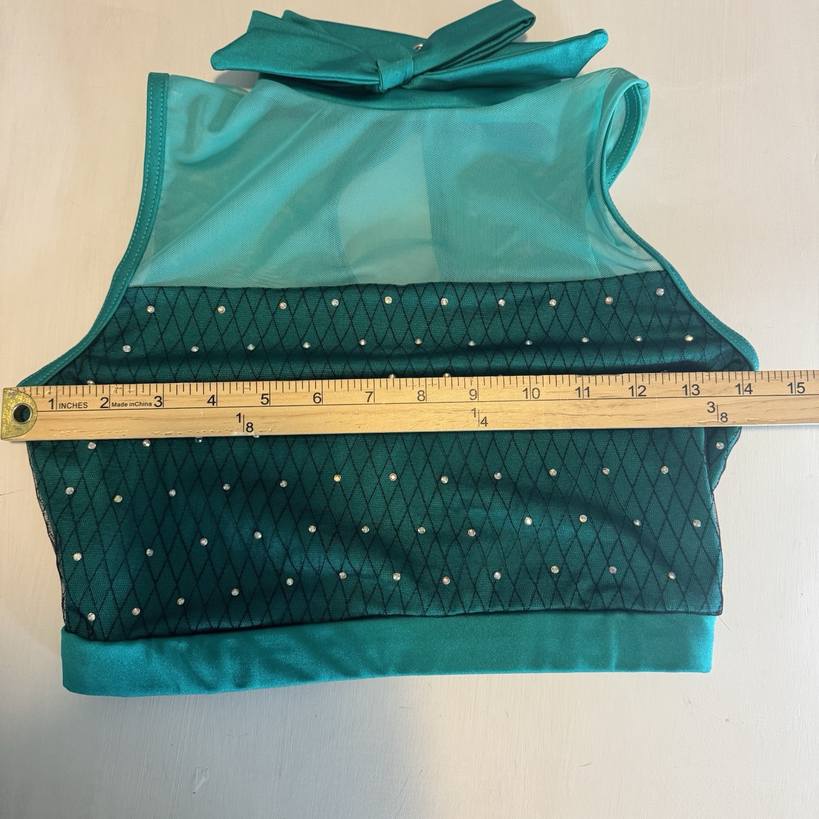 Weissman Elite Dance Costume SA Rhinestones & Ostrich Feathers Teal Bow 2pc Set
