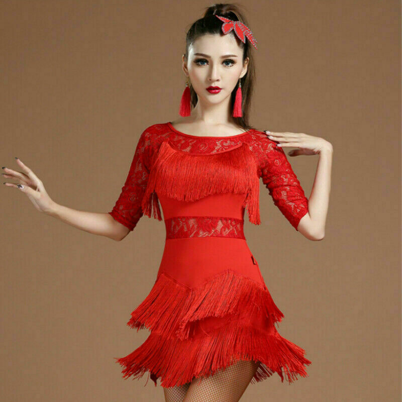 Women Latin Dance Dress Tassel Salsa Cha Cha Ballroom Costume Tango Rumba NR9