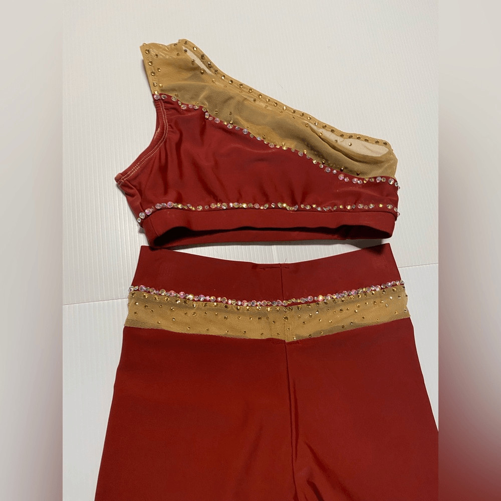 Patrick J designs dance costume solo dark orange red 2 piece top bike shorts XSA