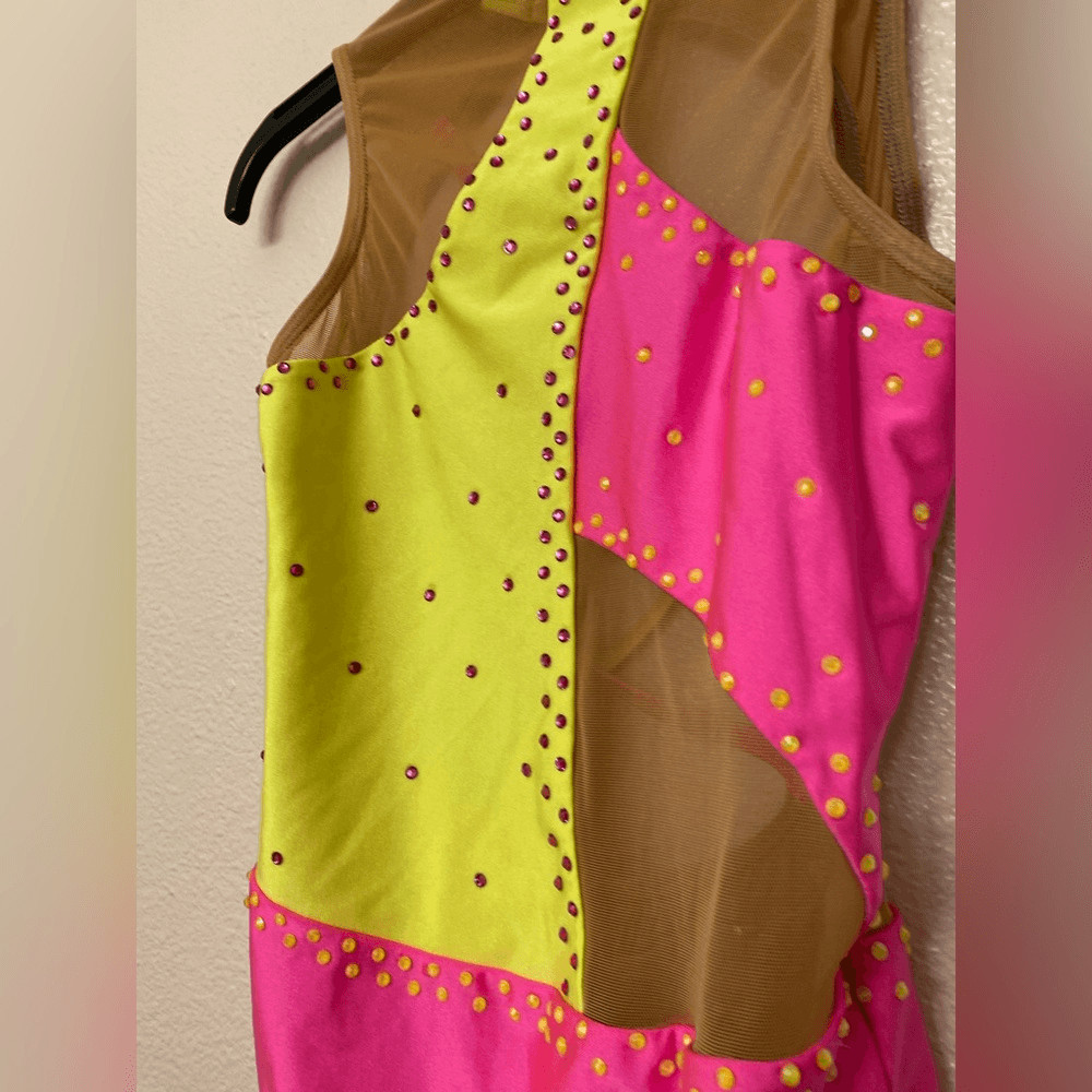 Patrick J dance custom Solo neon pink yellow gravity leotard bedazzled MA adult