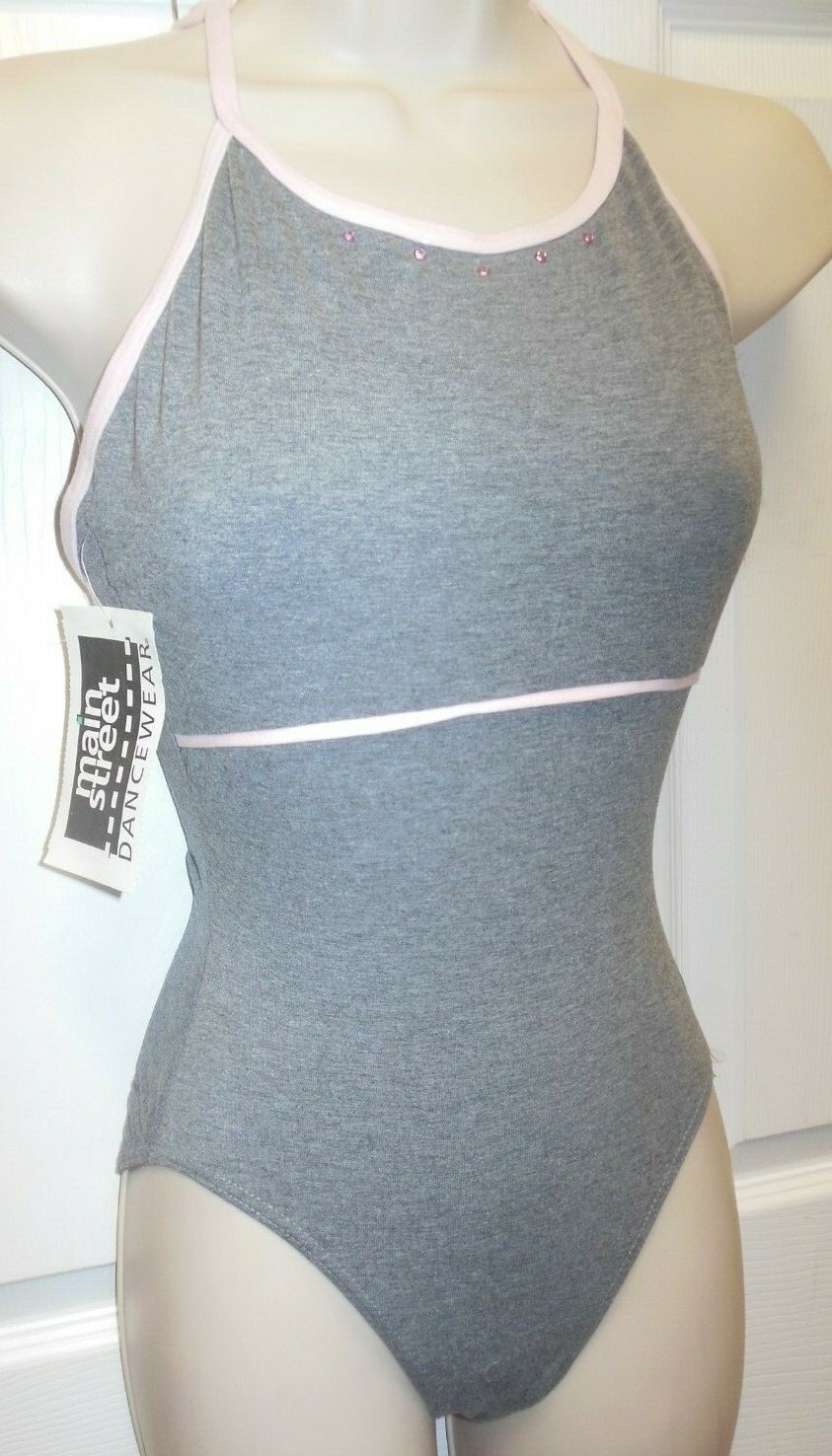 STRAPPY BACK CAMISOLE LEOTARD RHINESTONES Pink Trim Heather Gray cottonSpandex