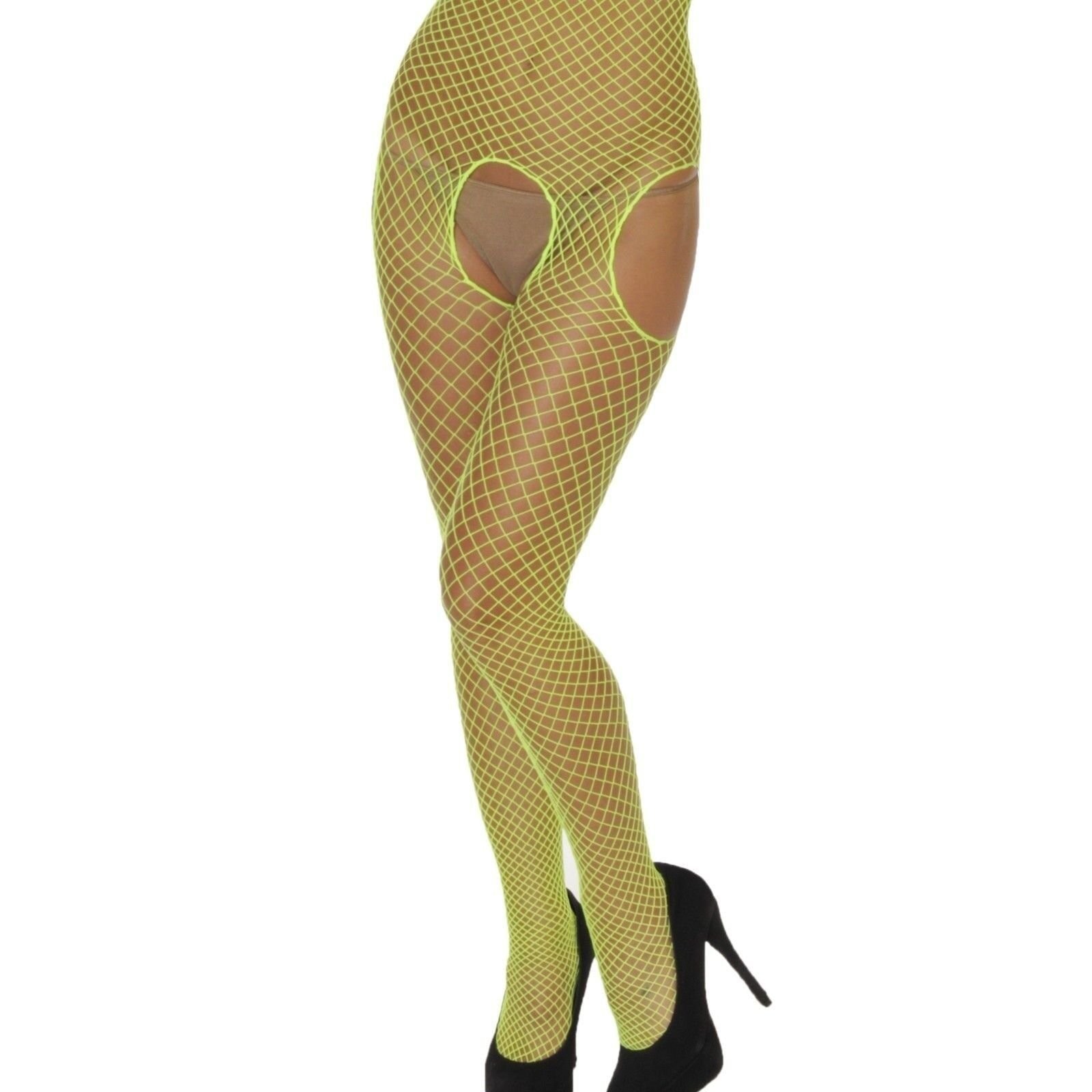 Rene Rofe Crotchless Industrial Net Suspender Bodystocking Lime O/S