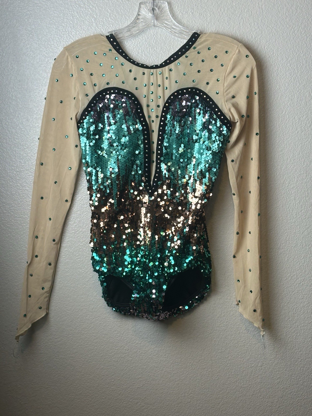 Glamour Costumes Dance Mesh Sequin Gem Long Sleeve Leotard Bodysuit-Adult SA NEW