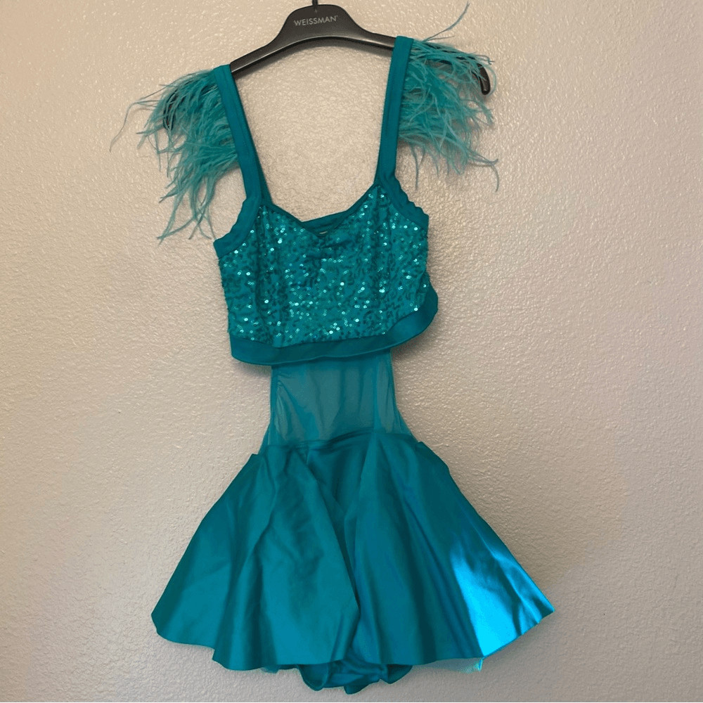 WEISSMAN Dance Costume sassy aqua blue feather Move D12545 XSA-extra small adult