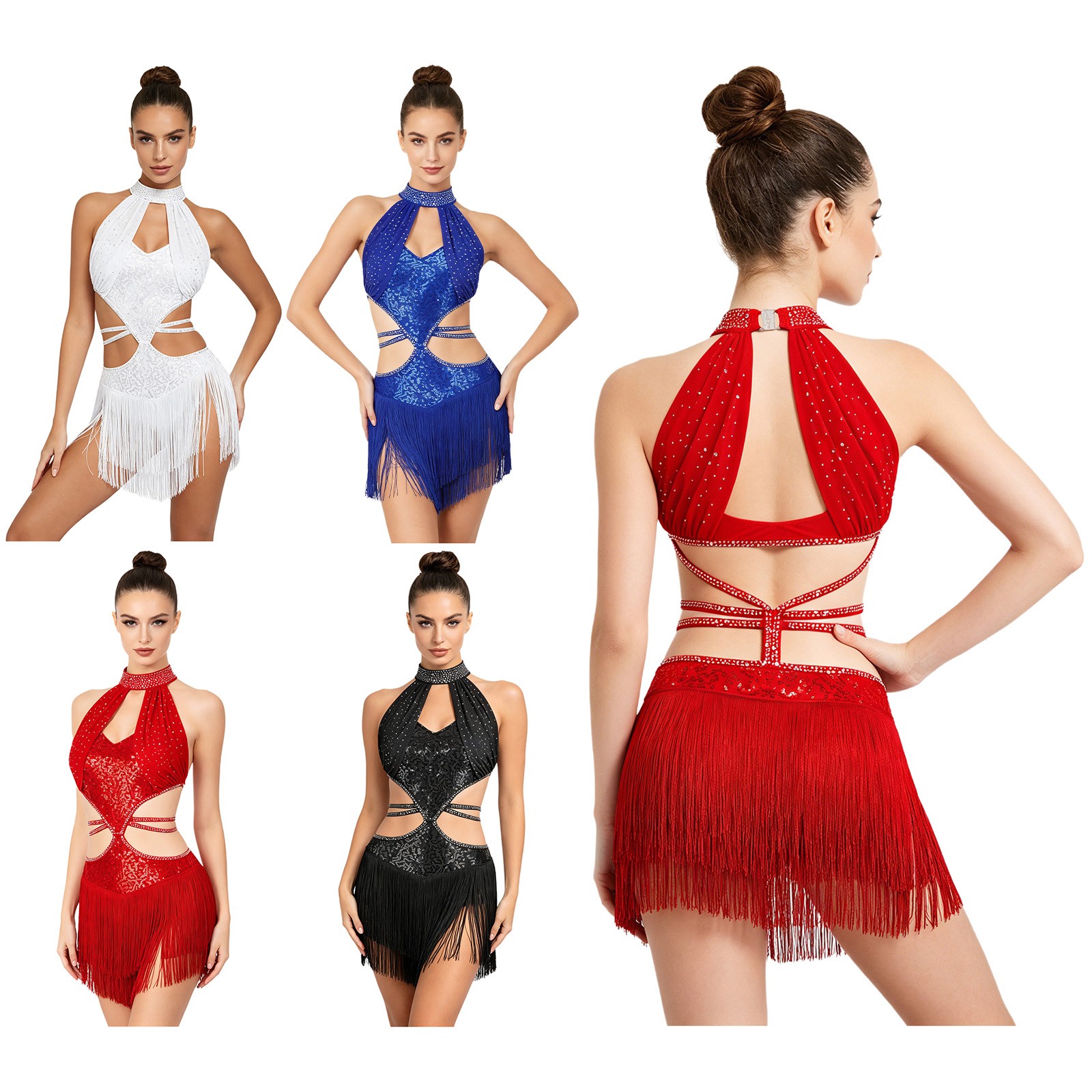 US Womens Bodysuit Leotard Shiny Dress Nightclub Latin Competition Fringe Salsa