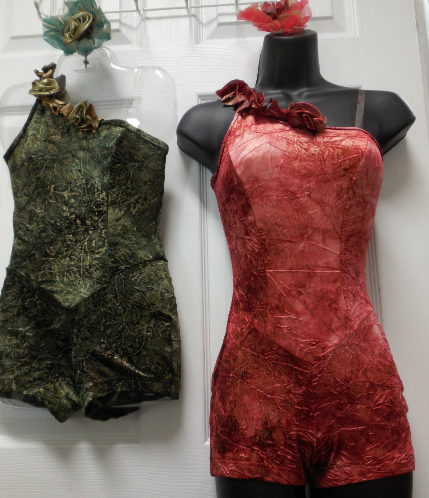 Gold Gilded Velvet shorty unitard rosette trim green or red over 30 available