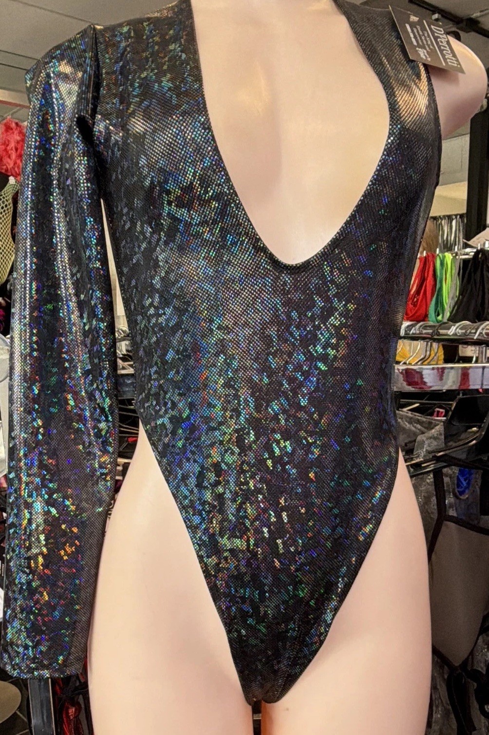 D’Perrotti Black Holographic One-Shoulder One Sleeve Open Back Thong Teddy OS