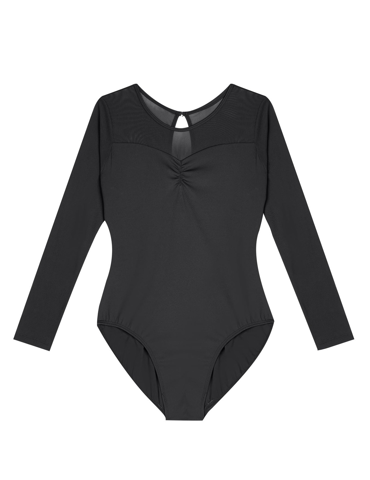 RuiBalletto Mesh Long Sleeve Dance Leotard for Women,Teens, Large, Black