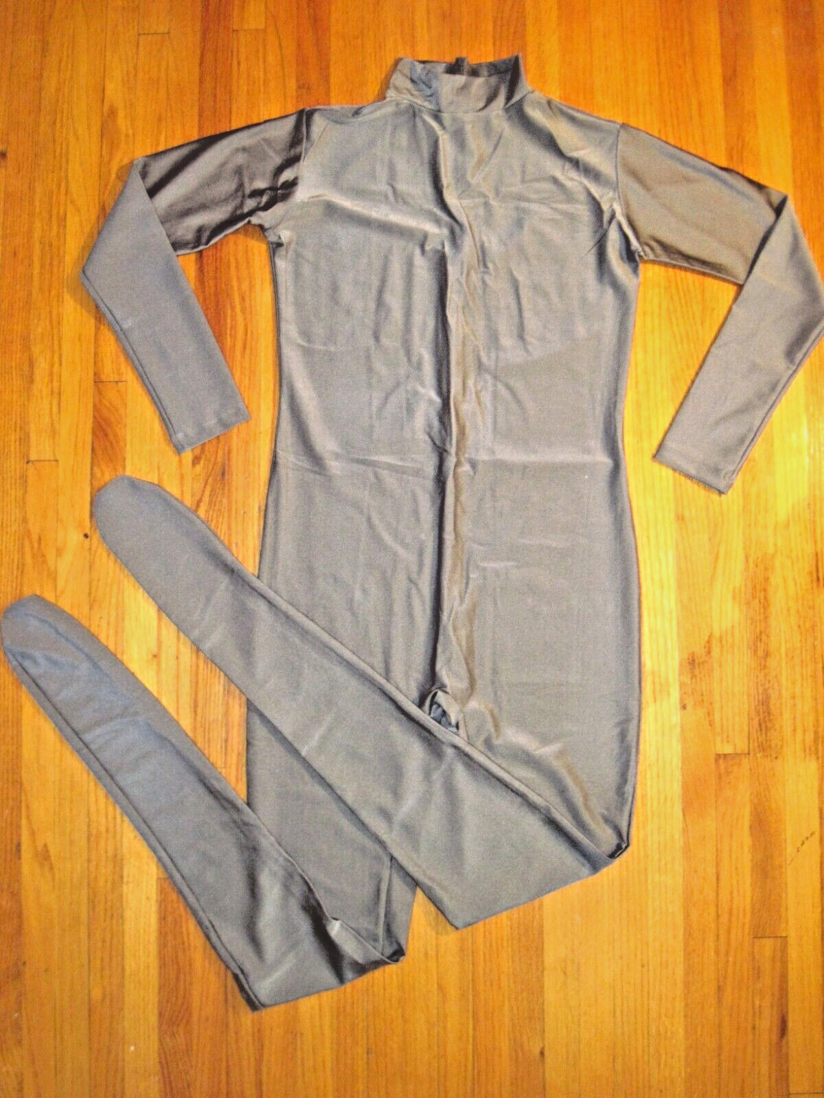 Plus Size Shiny Deep Gray Long Sleeve T Neck Footed Unitard Size XL-14-16 New