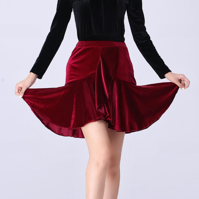 Women Ruffle Latin Dance Skirt Velvet Dancewear Salsa Tango Ballroom Elegant