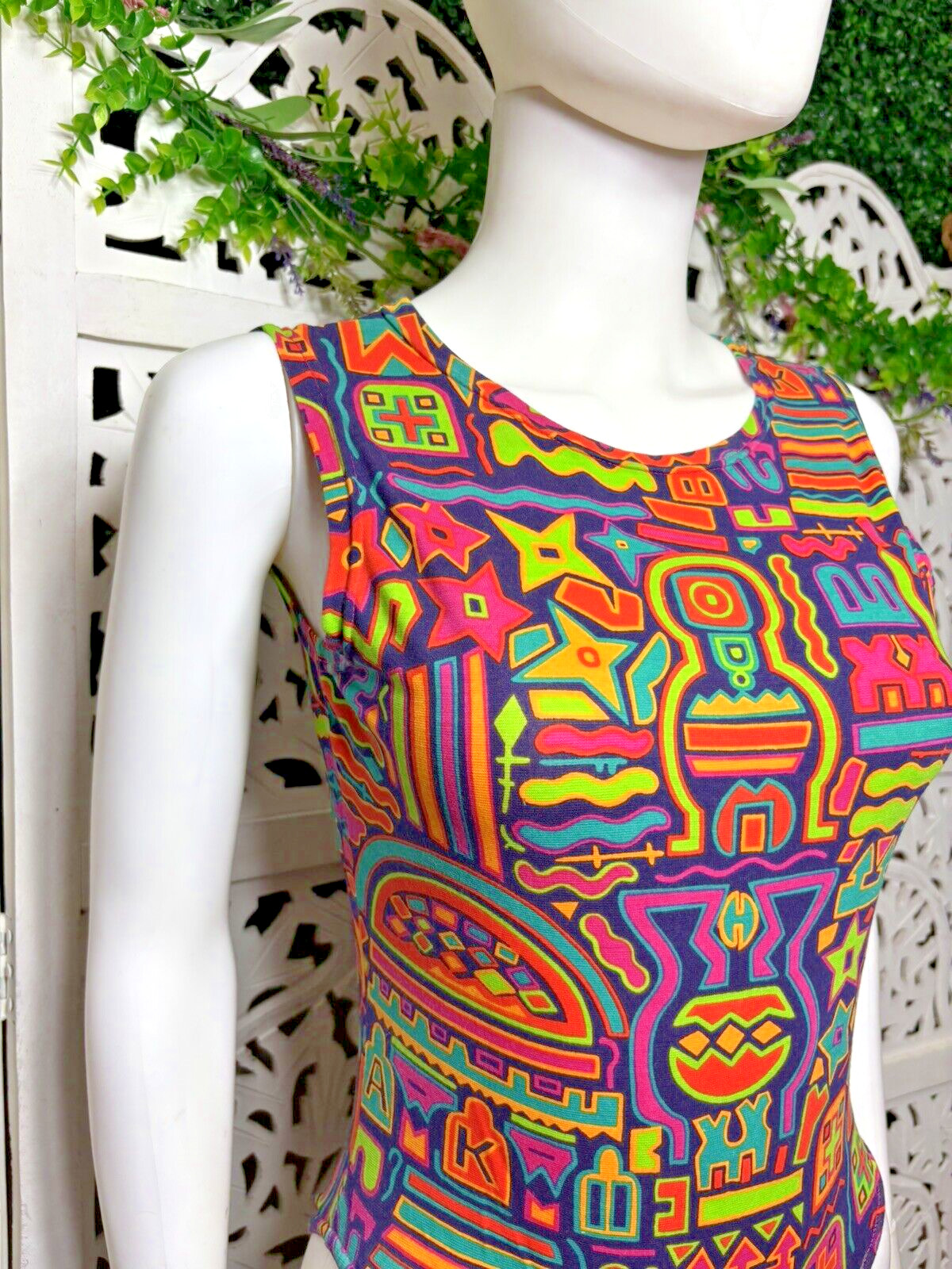 Vintage 80s 90s Anne Klein II Neon Abstract Bodysuit Exercise Gym Leotard Small