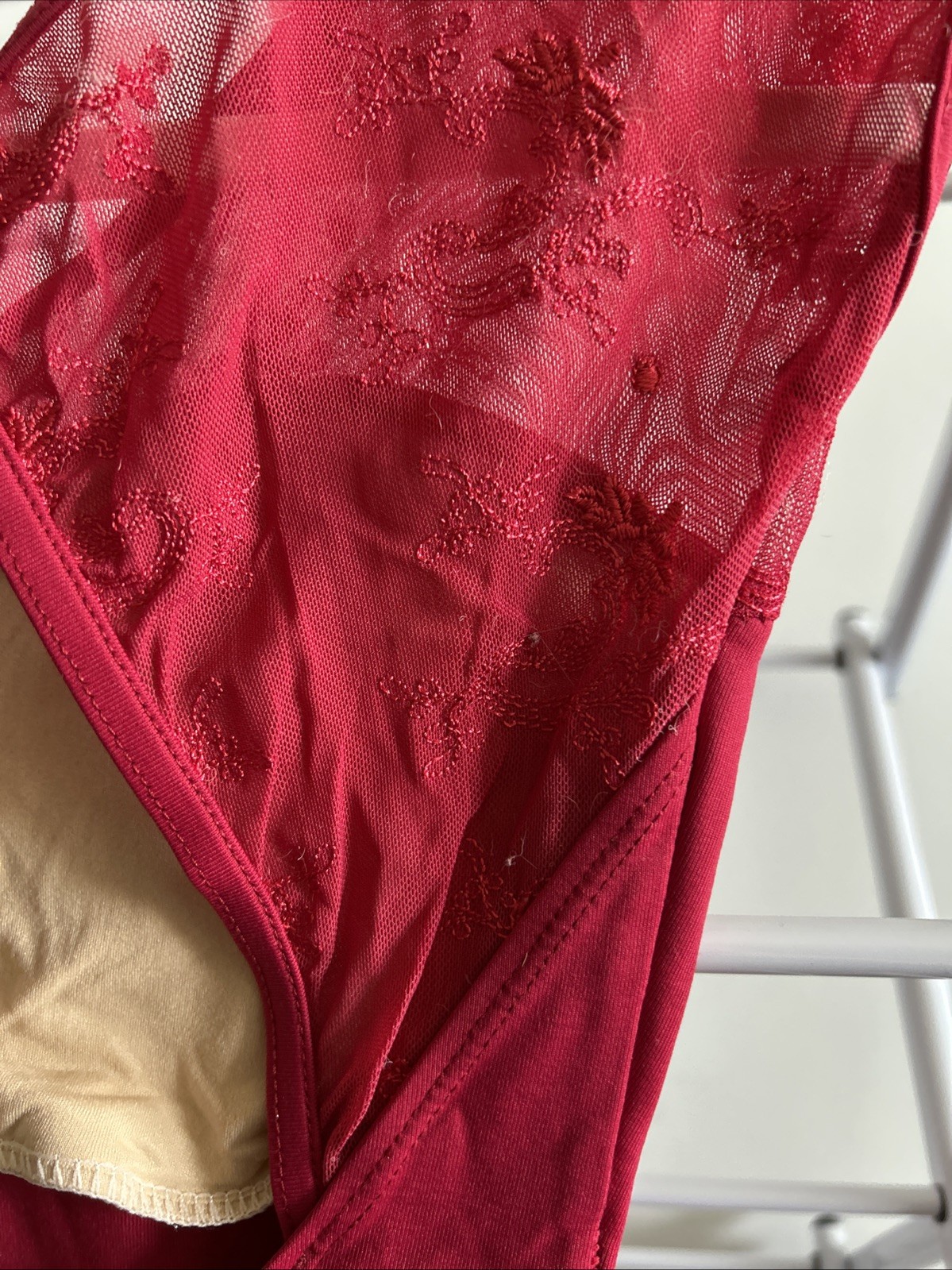 KH Martin Leotard XS Red Almost Cap Sleeve With Mesh Floral Accent & Bust Lining