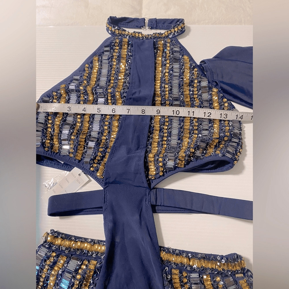 Glamour solo dance costume 5534 navy blue leotard sequin MA-Medium adult NWT