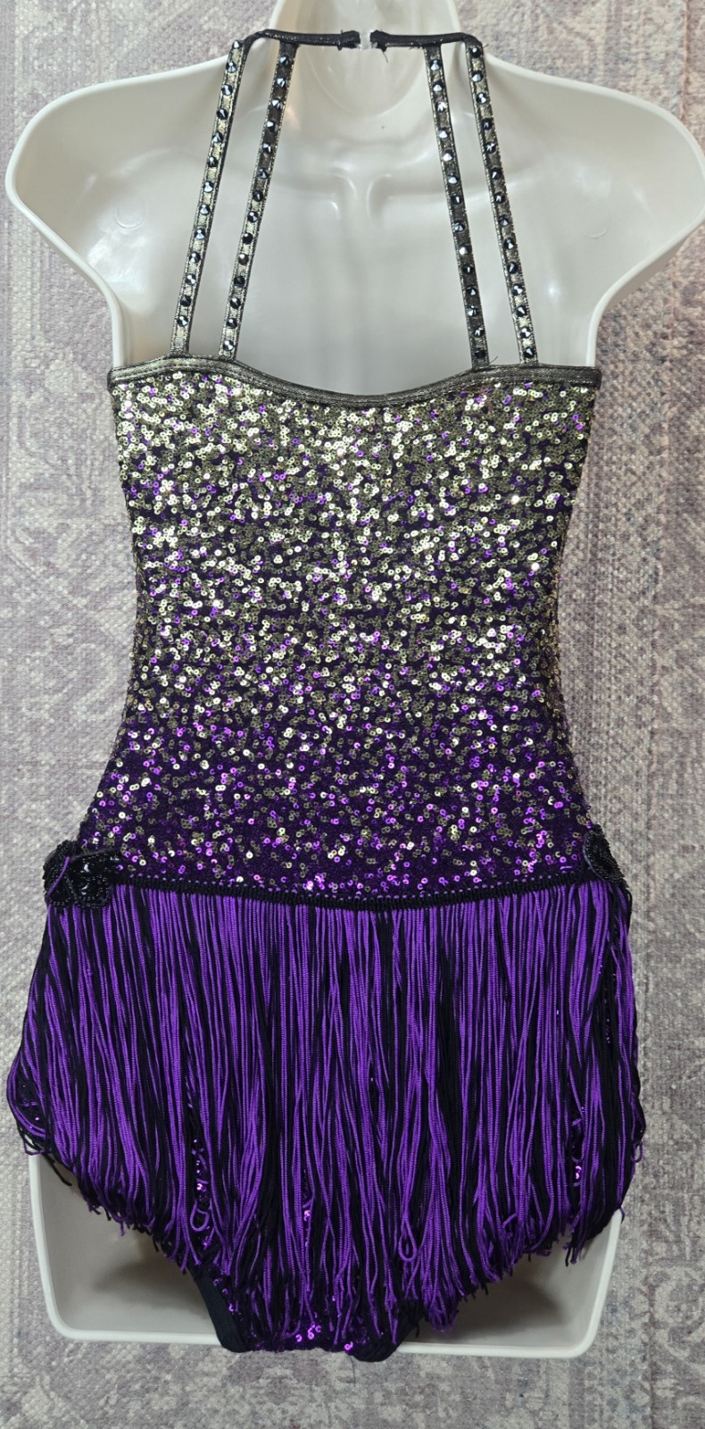 WEISSMAN Women’s SA (4/6) Purple Gold Black SEQUINS Dance Costume Tassels EUC
