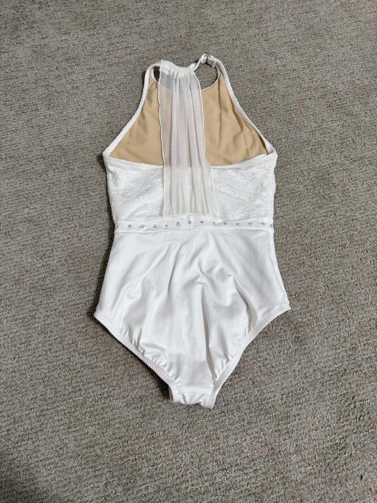 White Dance Leotard Size Small Beautiful Bedazzle Stones Light purple Appliqué