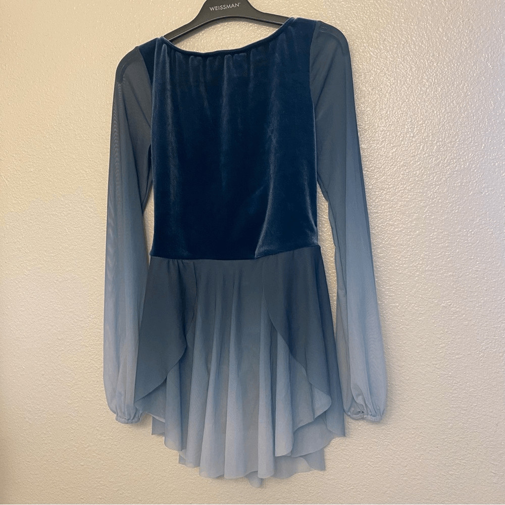 WEISSMAN Dance costume gray blue teal velvet poet sleeve Im Yours 13369 SA adult