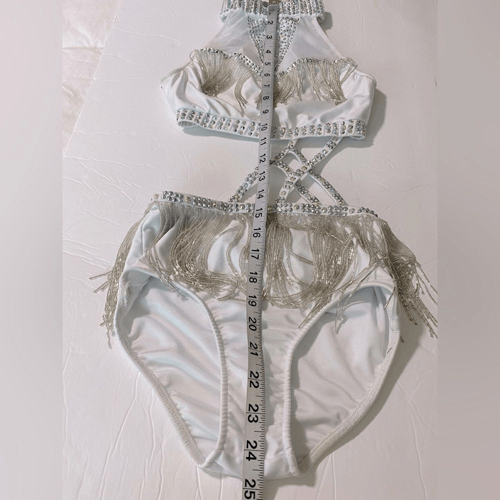 Glamour solo dance costume white fringe rhinestone tap jazz Broadway XSA adult