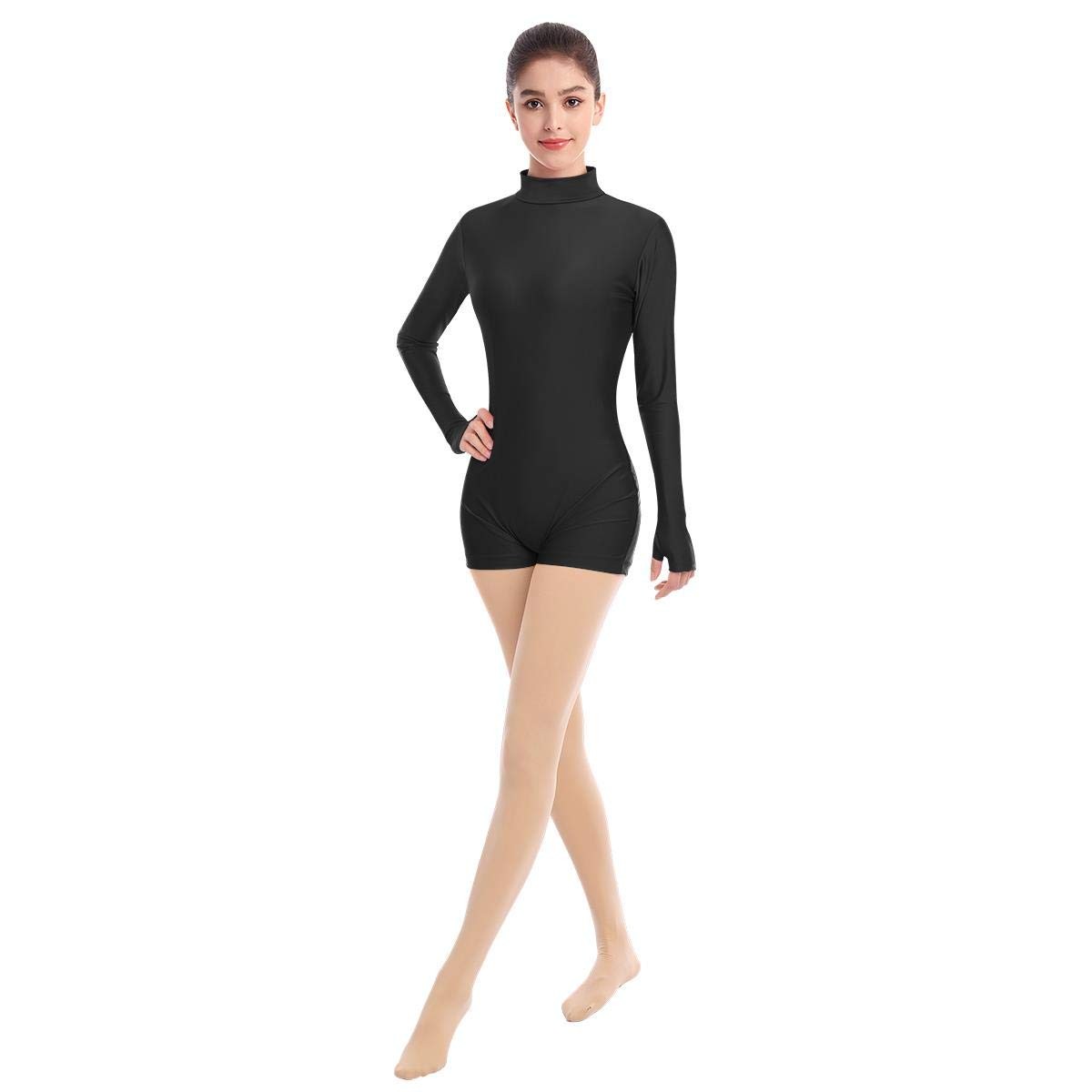Women Mock Neck Gymnastics Dance Leotard Boyshorts Long Sleeve Bodysuit Balle…