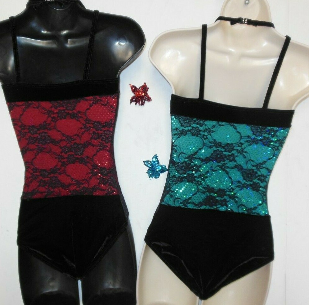 Lace over sequin Dance costume leotard Tap Jazz sparkle Velvet crisscross child