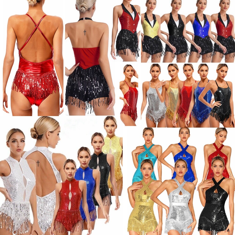 US Women Shiny Sequins Tassel Latin Salsa Samba Rumba Tango Dance Bodysuit Dress