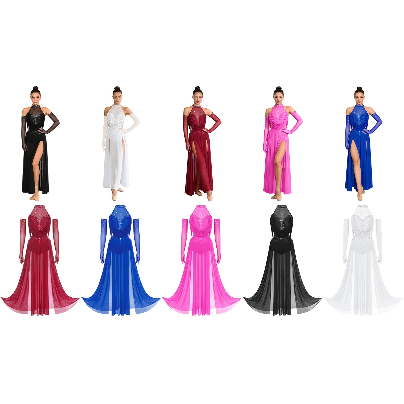 Women Lyrical Show Dress Shiny Costume Skating Ballet Halter Outfits with Gloves