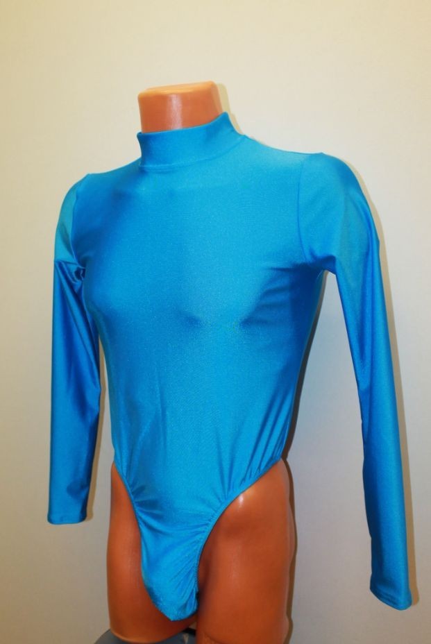Men Thong Leotard 159-40 Long Sleeve Crotch Closure Blue Spandex Size L