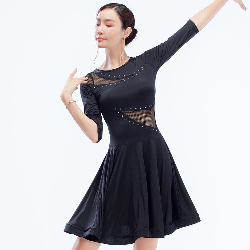 Women Mesh Latin Dance Dress Ballroom Tango Dancewear Swing Stretch Black