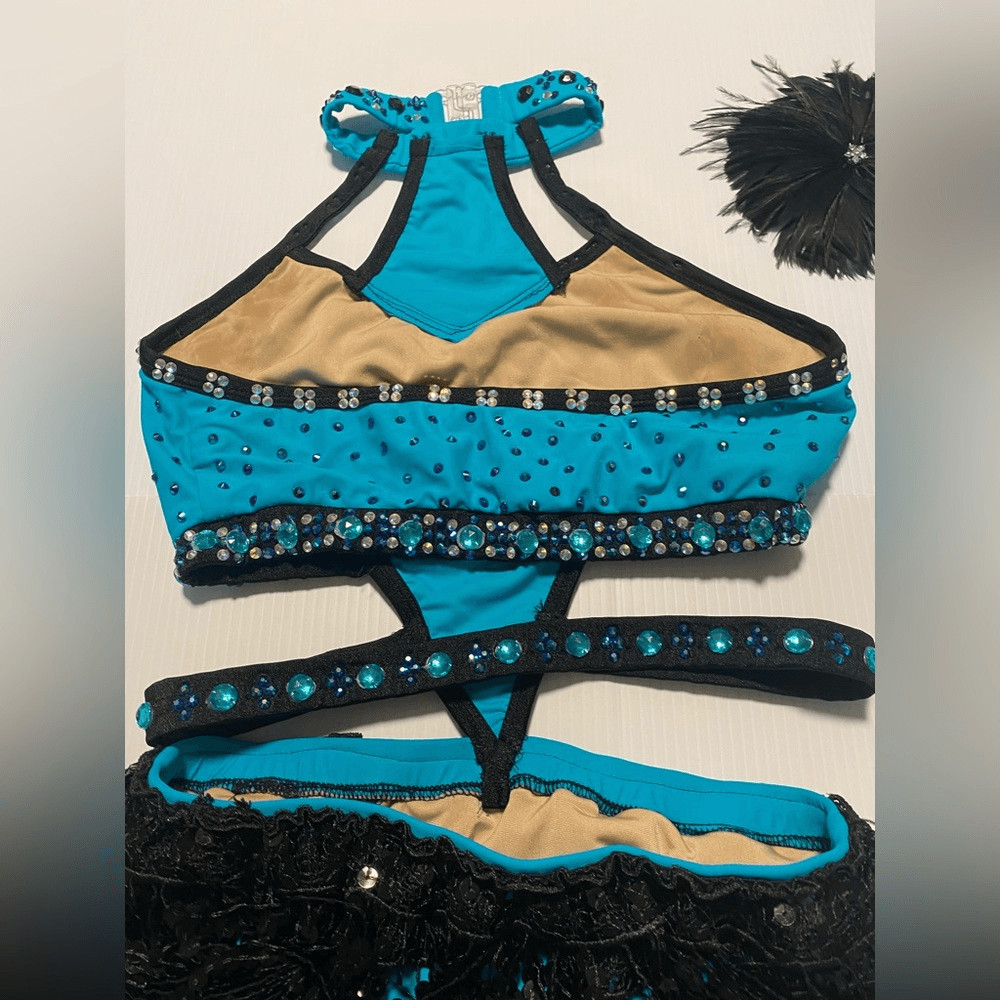 Glamour solo dance costume teal blue rhinestone fringe sassy SA-Small adult