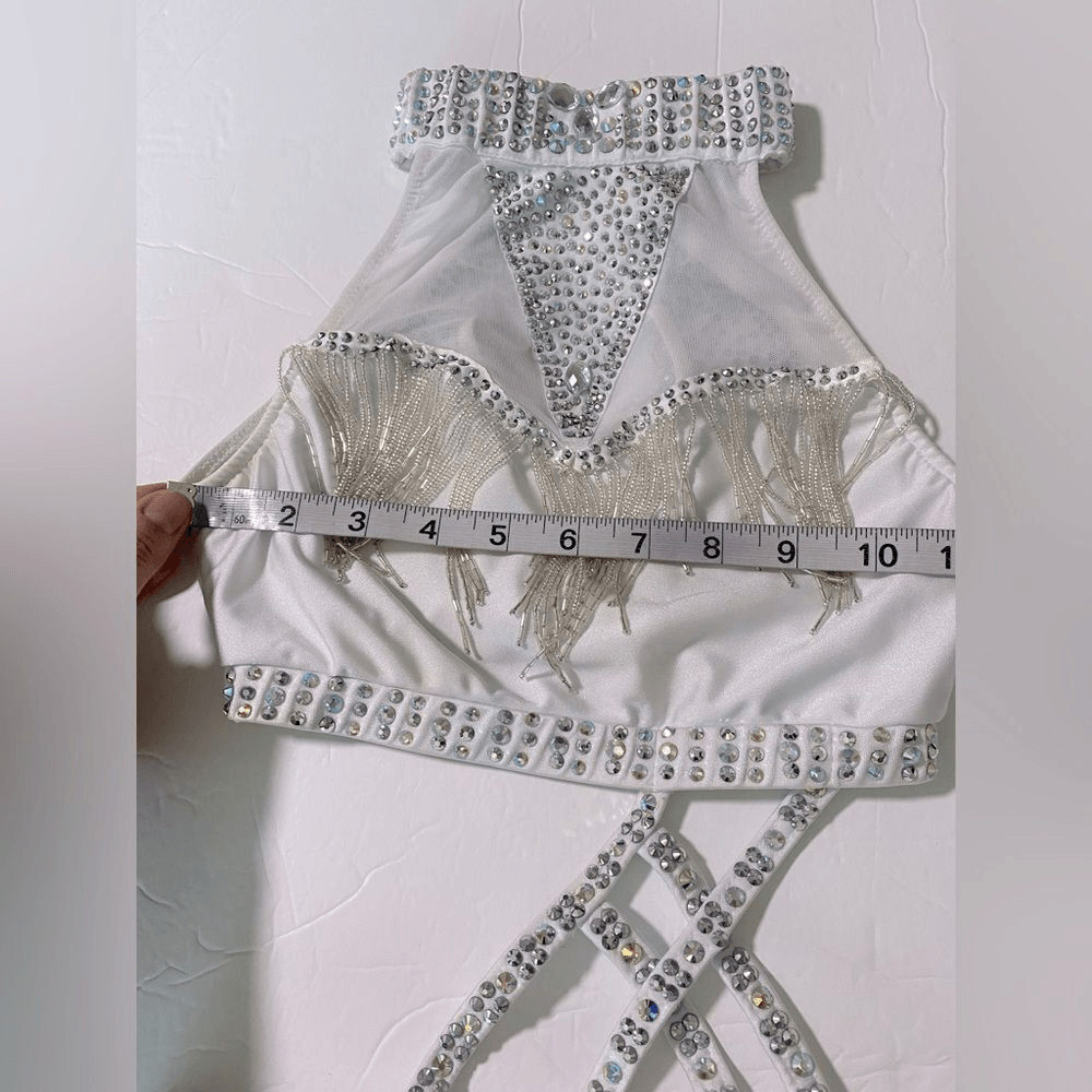 Glamour solo dance costume white fringe rhinestone tap jazz Broadway XSA adult