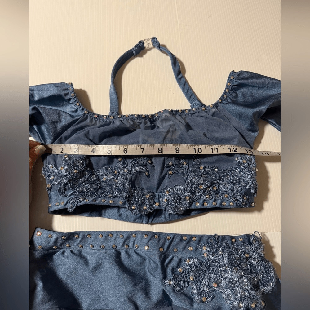 Custom solo dance costume 2 piece light blue long skirt SA-Small adult