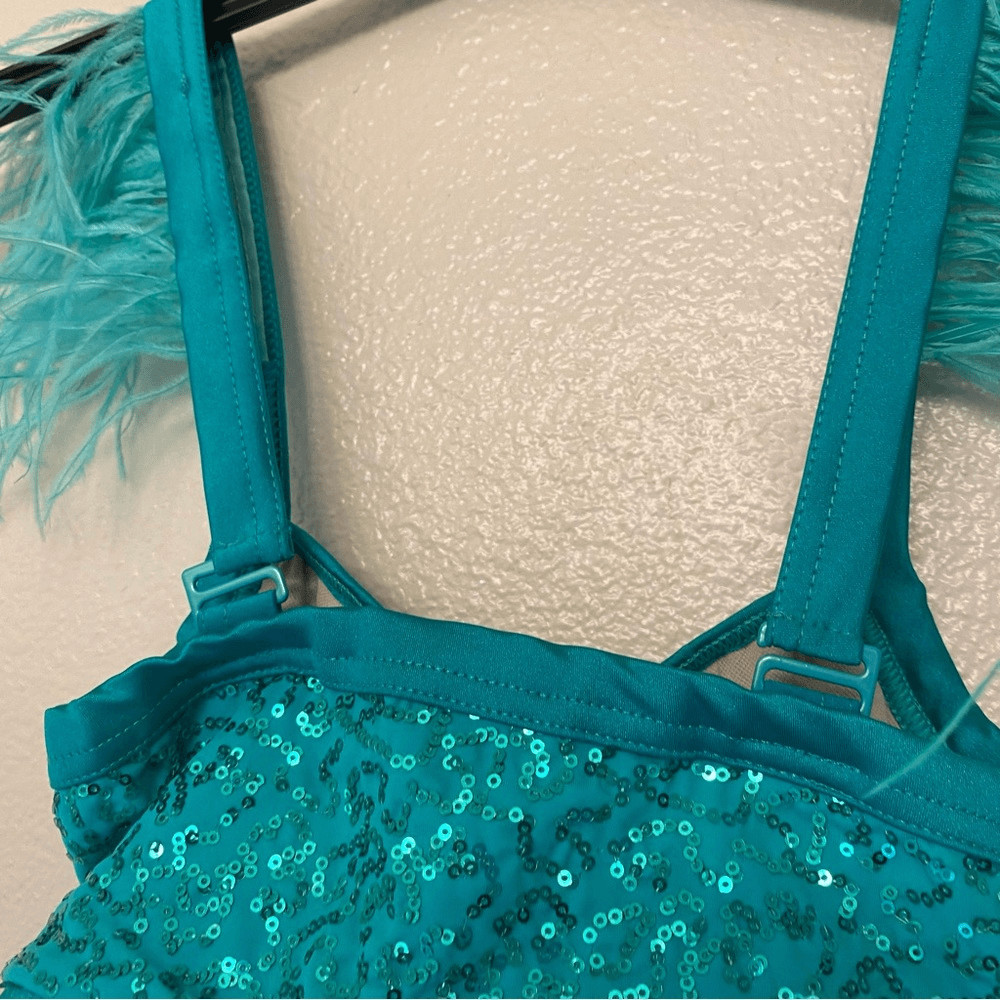 WEISSMAN Dance Costume sassy aqua blue feather Move D12545 XSA-extra small adult