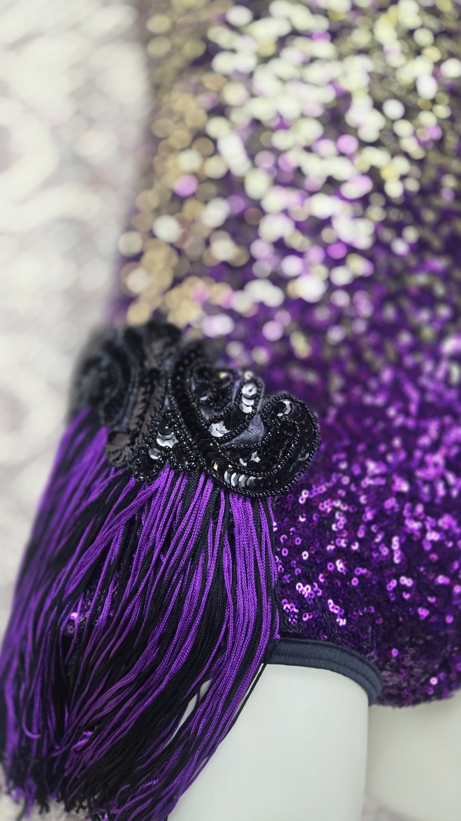 WEISSMAN Women’s SA (4/6) Purple Gold Black SEQUINS Dance Costume Tassels EUC