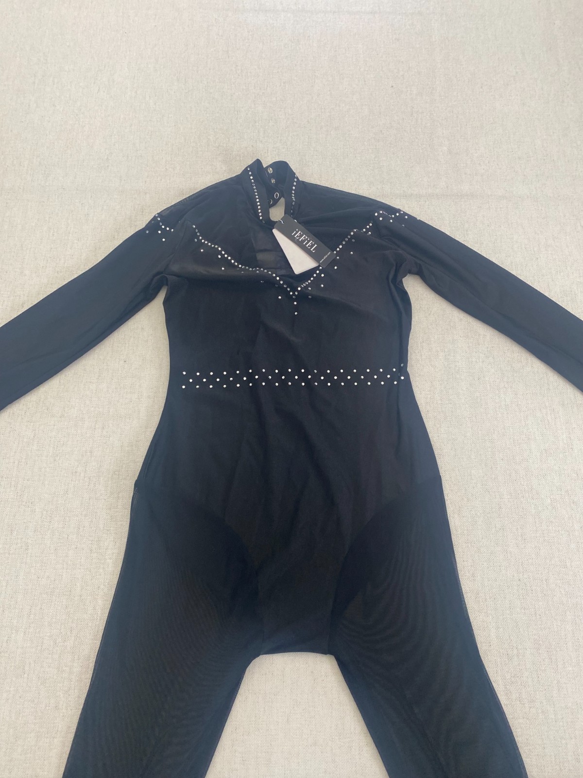 iEFiEL Leotard Catsuit Womens Size M Black Rhinestone Long Sleeve High Neck NWT