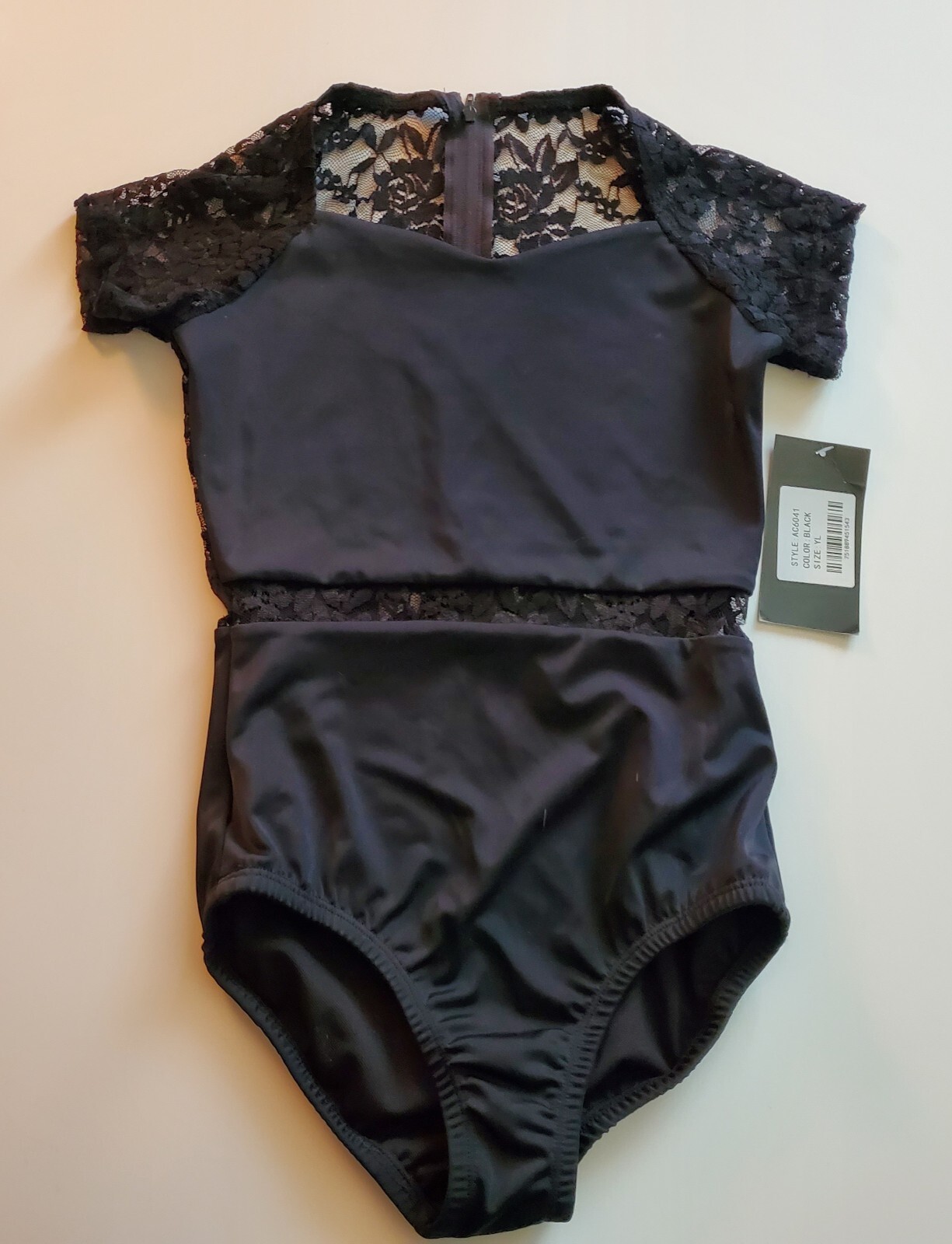 Alexandra Collection Sweetheart Lace Sleeve & Back Leotard Sz YL BLACK Youth