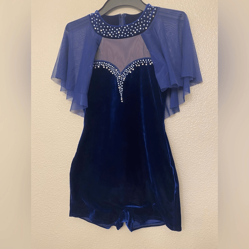 Blue Velvet solo Dance Costume modest custom rhinestoned SA-Small adult