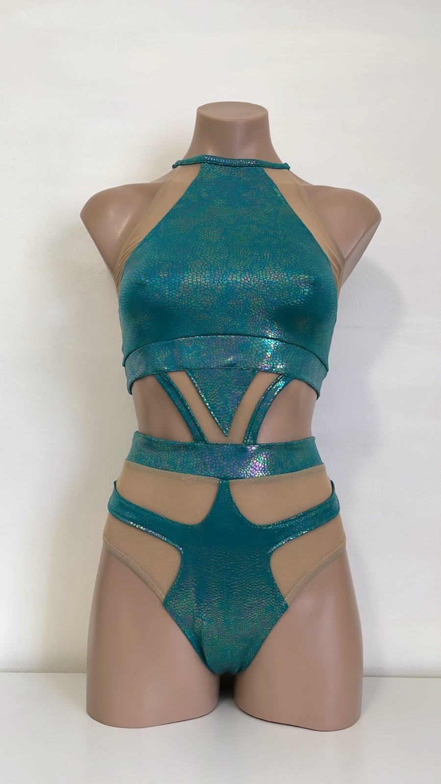 Schminke 🦎 Hybrid dance wear pole-wear nude mesh teal hologram reptile bodysuit