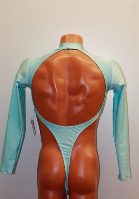 Men Thong Leotard 159-05 Long Sleeve High Collar Open Back Blue Spandex Size L