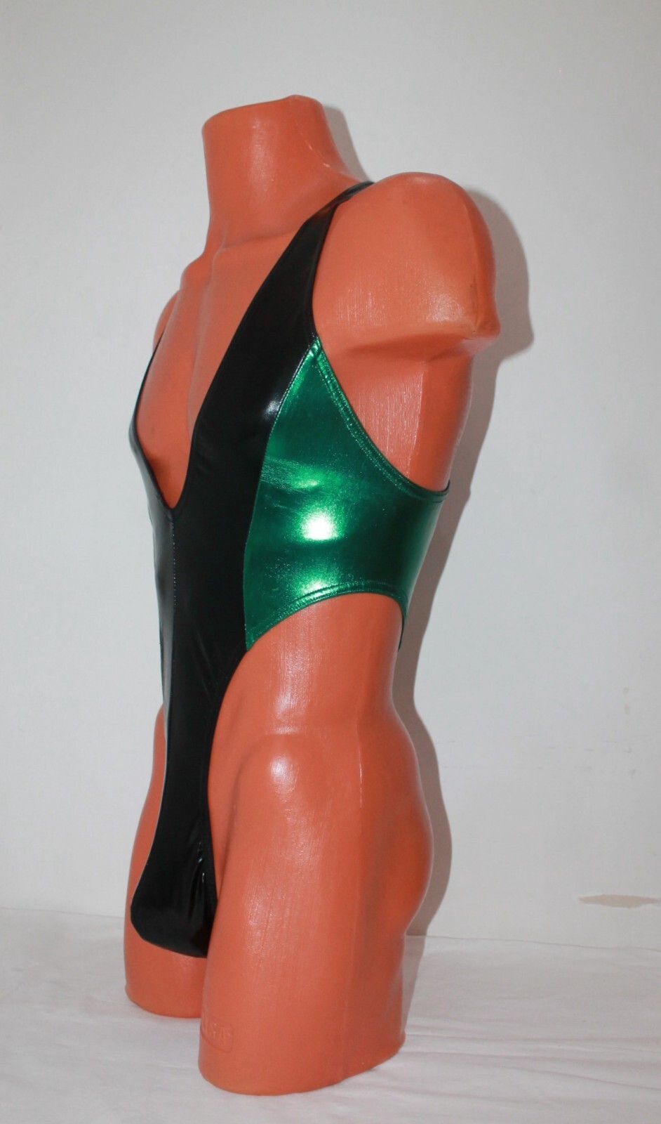 Men Thong Leotard 152-72 Racerback Torpedo Pouch Black and Green Spandex Size M