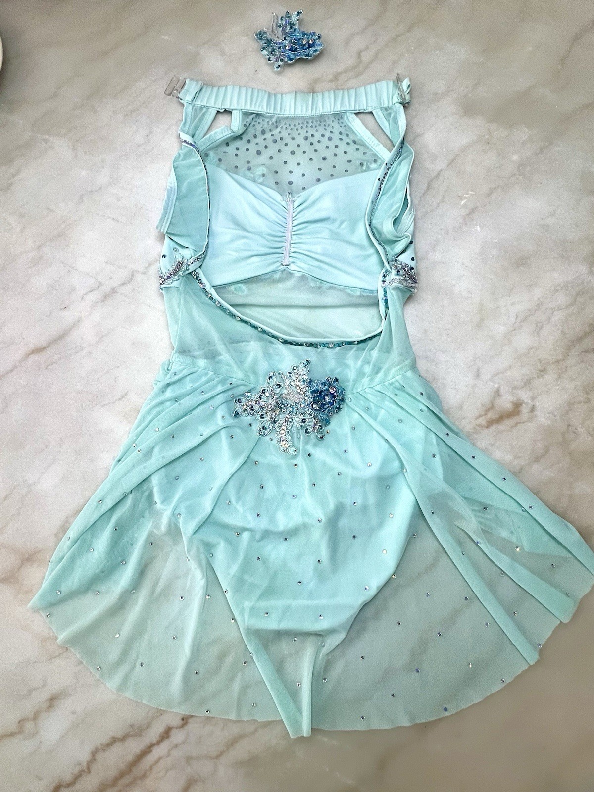 Glamour Solo Dance Costume Aqua Blue Lyrical Embellished leotard Size Youth L
