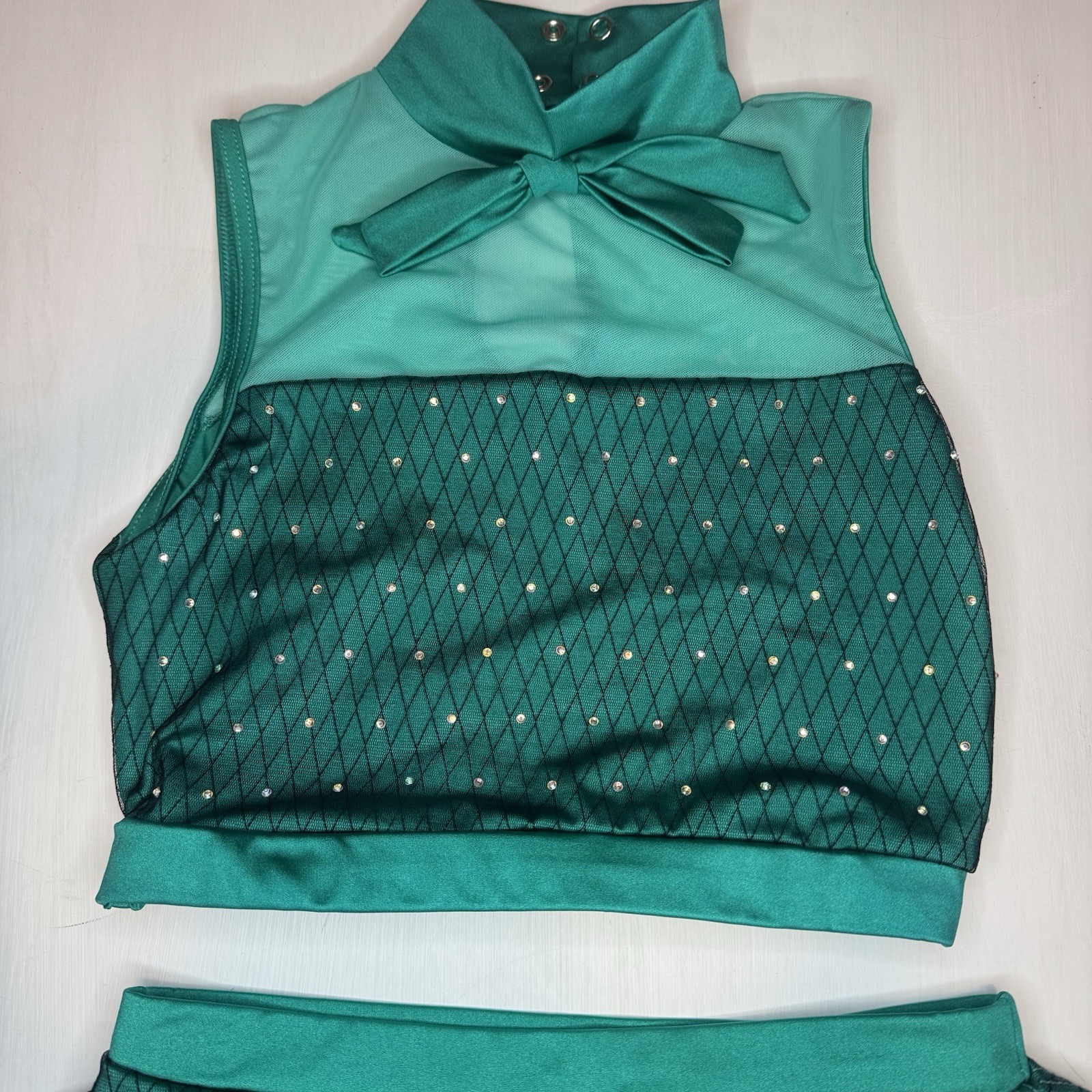 Weissman Elite Dance Costume SA Rhinestones & Ostrich Feathers Teal Bow 2pc Set