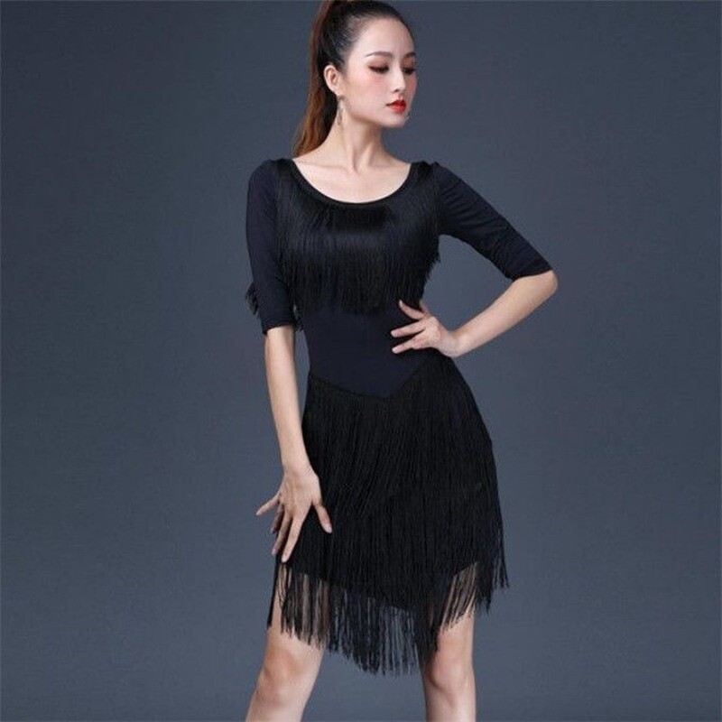 Women Latin Dance Dress Salsa Dancewear Tassel Ballroom Tango Black Red