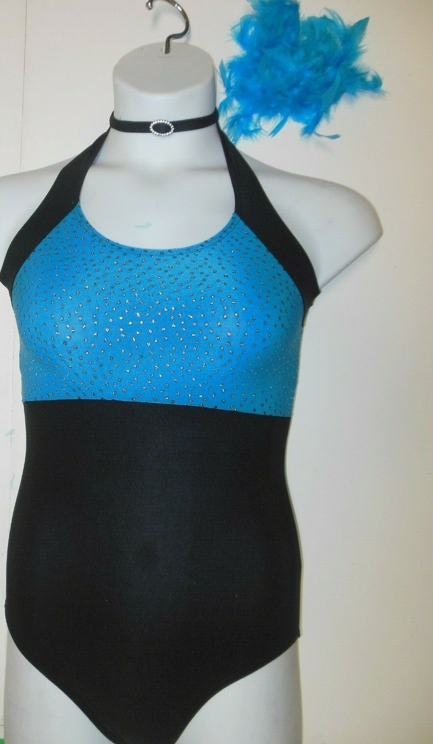 GLITTERED SLINKY LEOTARD feather hdpc RHINESTONE Choker Turquoise blue black