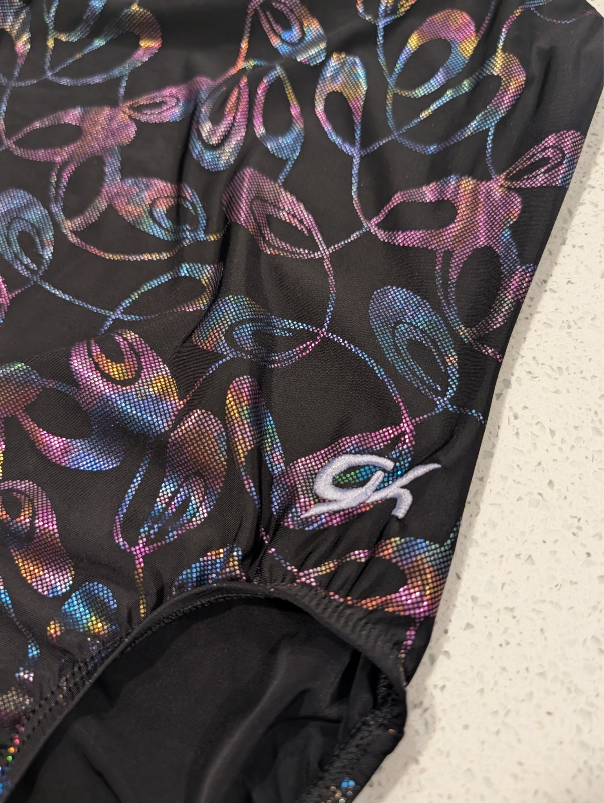GREAT GK Elite AS Small Gymnastics Dance Leotard Metallic Pixel RAINBOW SWIRLS